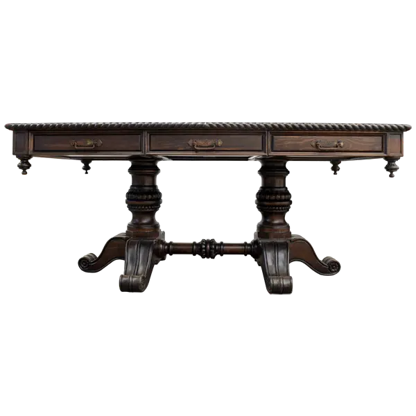 Handcrafted Western executive desk with leather inlay, twisted rope edge, and double pedestal base. The Castellano Desk showcases refined craftsmanship and enduring Western elegance.