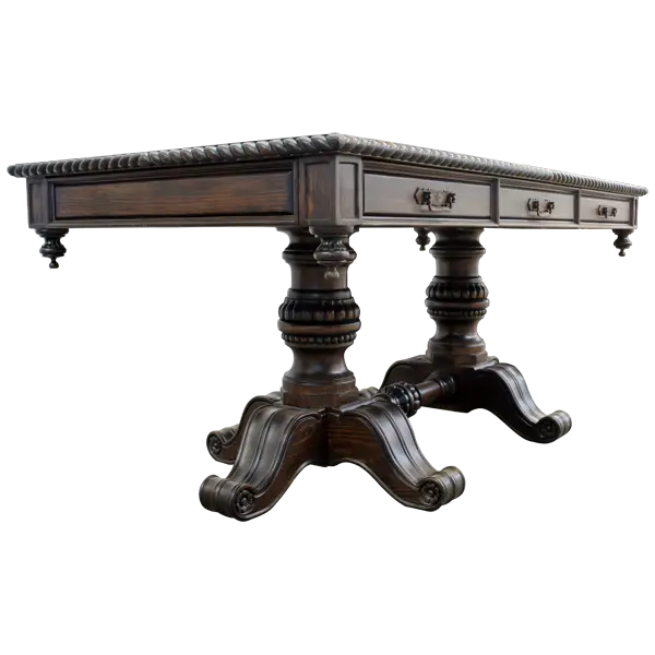 Handcrafted Western executive desk with leather inlay, twisted rope edge, and double pedestal base. The Castellano Desk showcases refined craftsmanship and enduring Western elegance.