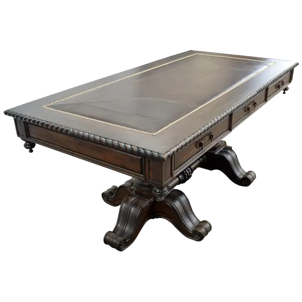 Handcrafted Western executive desk with leather inlay, twisted rope edge, and double pedestal base. The Castellano Desk showcases refined craftsmanship and enduring Western elegance.