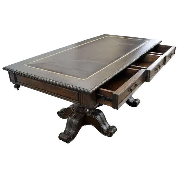 Handcrafted Western executive desk with leather inlay, twisted rope edge, and double pedestal base. The Castellano Desk showcases refined craftsmanship and enduring Western elegance.