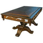 Handcrafted Western executive desk featuring cowhide panels, leather inlay, and hand-carved pedestal base. The Castellano 2 Desk unites bold Western style with refined craftsmanship.
