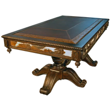 Load image into Gallery viewer, Handcrafted Western executive desk featuring cowhide panels, leather inlay, and hand-carved pedestal base. The Castellano 2 Desk unites bold Western style with refined craftsmanship.