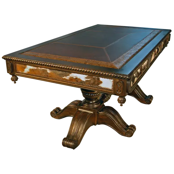Handcrafted Western executive desk featuring cowhide panels, leather inlay, and hand-carved pedestal base. The Castellano 2 Desk unites bold Western style with refined craftsmanship.