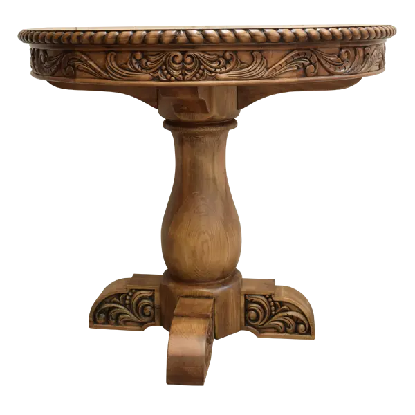 Handcrafted half-round table with carved floral apron, twist-rope edge, and pedestal base. The San Felipe Half-Round Table blends elegance, versatility, and artisan woodworking.