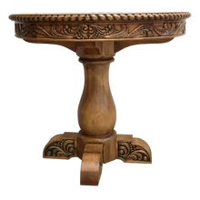 Load image into Gallery viewer, Handcrafted half-round table with carved floral apron, twist-rope edge, and pedestal base. The San Felipe Half-Round Table blends elegance, versatility, and artisan woodworking.