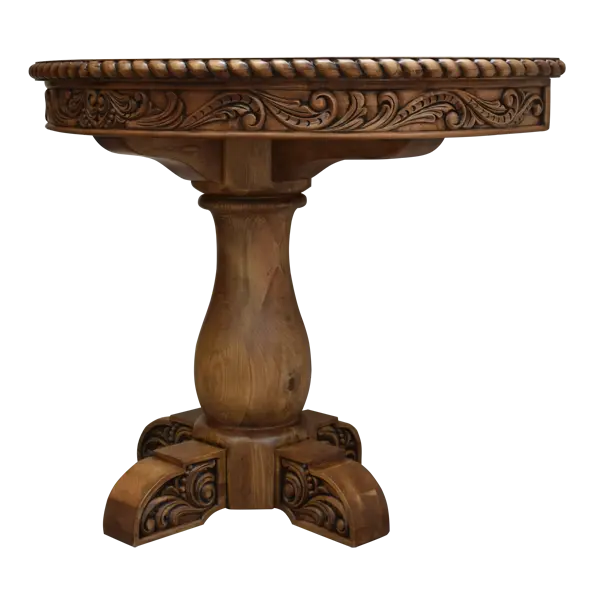 Handcrafted half-round table with carved floral apron, twist-rope edge, and pedestal base. The San Felipe Half-Round Table blends elegance, versatility, and artisan woodworking.