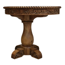 Load image into Gallery viewer, Handcrafted half-round table with carved floral apron, twist-rope edge, and pedestal base. The San Felipe Half-Round Table blends elegance, versatility, and artisan woodworking.