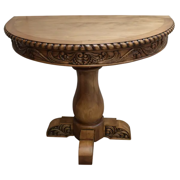 Handcrafted half-round table with carved floral apron, twist-rope edge, and pedestal base. The San Felipe Half-Round Table blends elegance, versatility, and artisan woodworking.