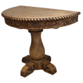 Handcrafted half-round table with carved floral apron, twist-rope edge, and pedestal base. The San Felipe Half-Round Table blends elegance, versatility, and artisan woodworking.