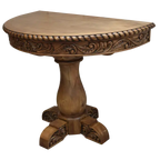 Handcrafted half-round table with carved floral apron, twist-rope edge, and pedestal base. The San Felipe Half-Round Table blends elegance, versatility, and artisan woodworking.
