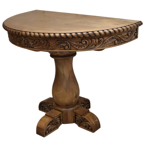 Handcrafted half-round table with carved floral apron, twist-rope edge, and pedestal base. The San Felipe Half-Round Table blends elegance, versatility, and artisan woodworking.