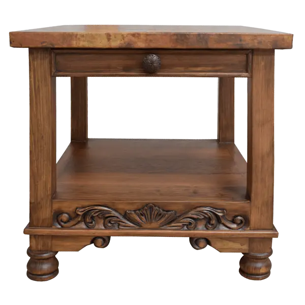Handcrafted end table with hand-hammered copper top, floral carvings, and bun feet. The DuPont End Table blends Western character with timeless, artisanal craftsmanship.