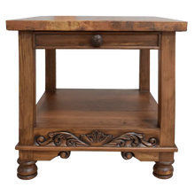Load image into Gallery viewer, Handcrafted end table with hand-hammered copper top, floral carvings, and bun feet. The DuPont End Table blends Western character with timeless, artisanal craftsmanship.