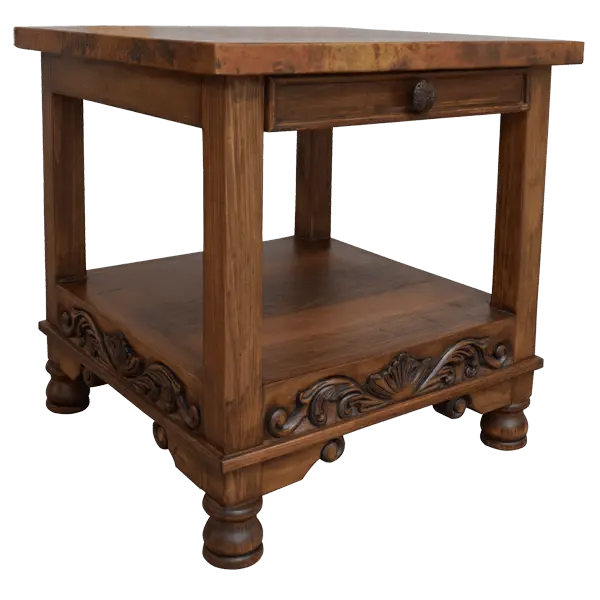 Handcrafted end table with hand-hammered copper top, floral carvings, and bun feet. The DuPont End Table blends Western character with timeless, artisanal craftsmanship.