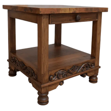 Load image into Gallery viewer, Handcrafted end table with hand-hammered copper top, floral carvings, and bun feet. The DuPont End Table blends Western character with timeless, artisanal craftsmanship.