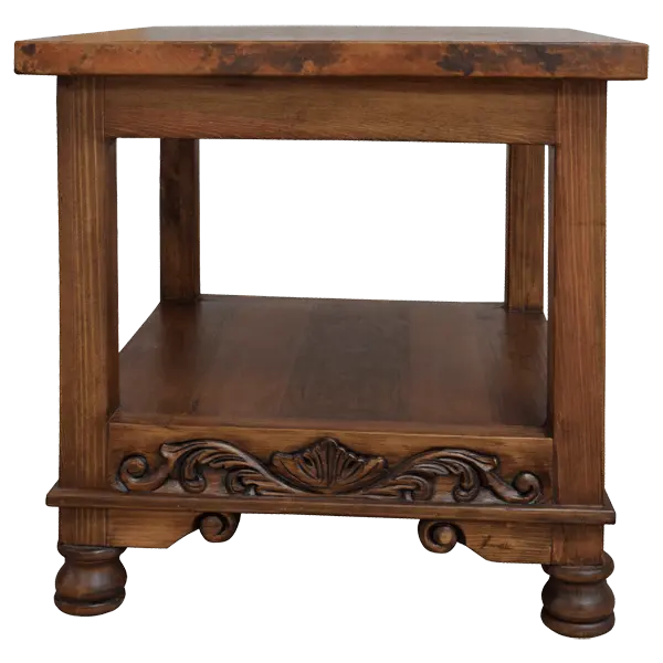 Handcrafted end table with hand-hammered copper top, floral carvings, and bun feet. The DuPont End Table blends Western character with timeless, artisanal craftsmanship.