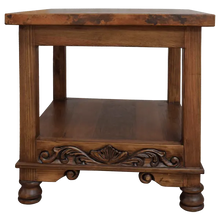 Load image into Gallery viewer, Handcrafted end table with hand-hammered copper top, floral carvings, and bun feet. The DuPont End Table blends Western character with timeless, artisanal craftsmanship.