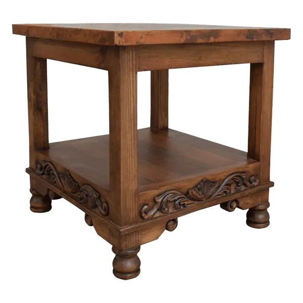 Handcrafted end table with hand-hammered copper top, floral carvings, and bun feet. The DuPont End Table blends Western character with timeless, artisanal craftsmanship.