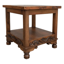 Load image into Gallery viewer, Handcrafted end table with hand-hammered copper top, floral carvings, and bun feet. The DuPont End Table blends Western character with timeless, artisanal craftsmanship.