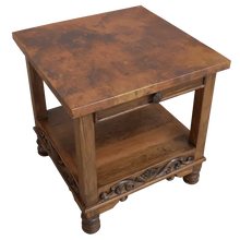 Load image into Gallery viewer, Handcrafted end table with hand-hammered copper top, floral carvings, and bun feet. The DuPont End Table blends Western character with timeless, artisanal craftsmanship.