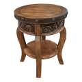 Handcrafted round end table with carved floral base, hammered copper rim, and iron conchos. The Drum End Table blends rustic artistry with refined Western craftsmanship.