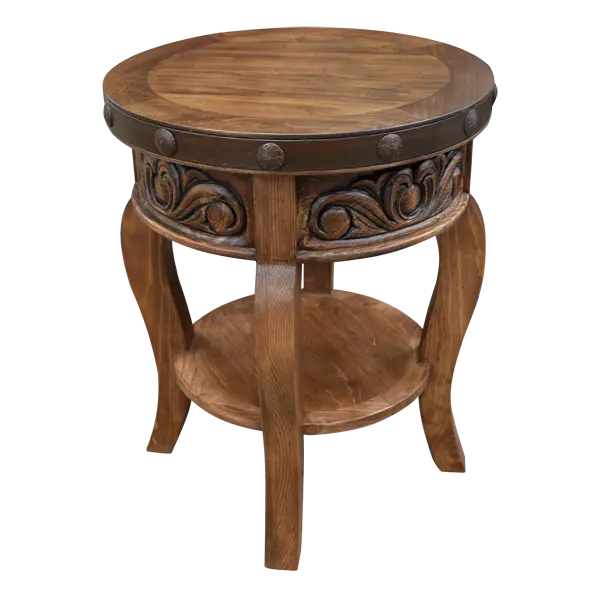 Handcrafted round end table with carved floral base, hammered copper rim, and iron conchos. The Drum End Table blends rustic artistry with refined Western craftsmanship.