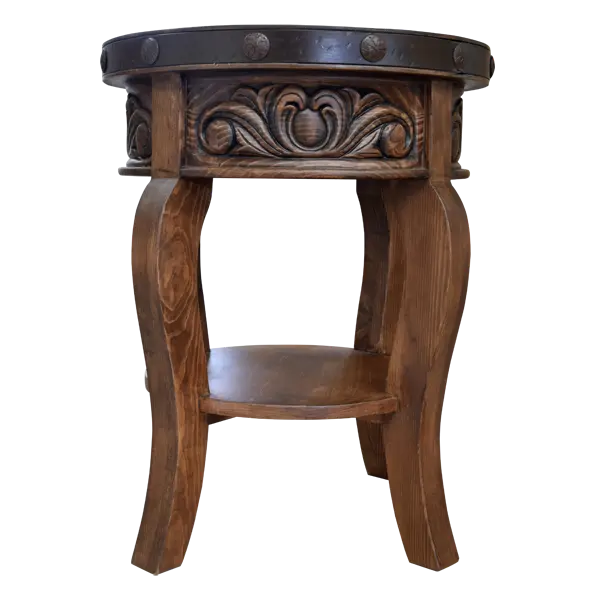 Handcrafted round end table with carved floral base, hammered copper rim, and iron conchos. The Drum End Table blends rustic artistry with refined Western craftsmanship.