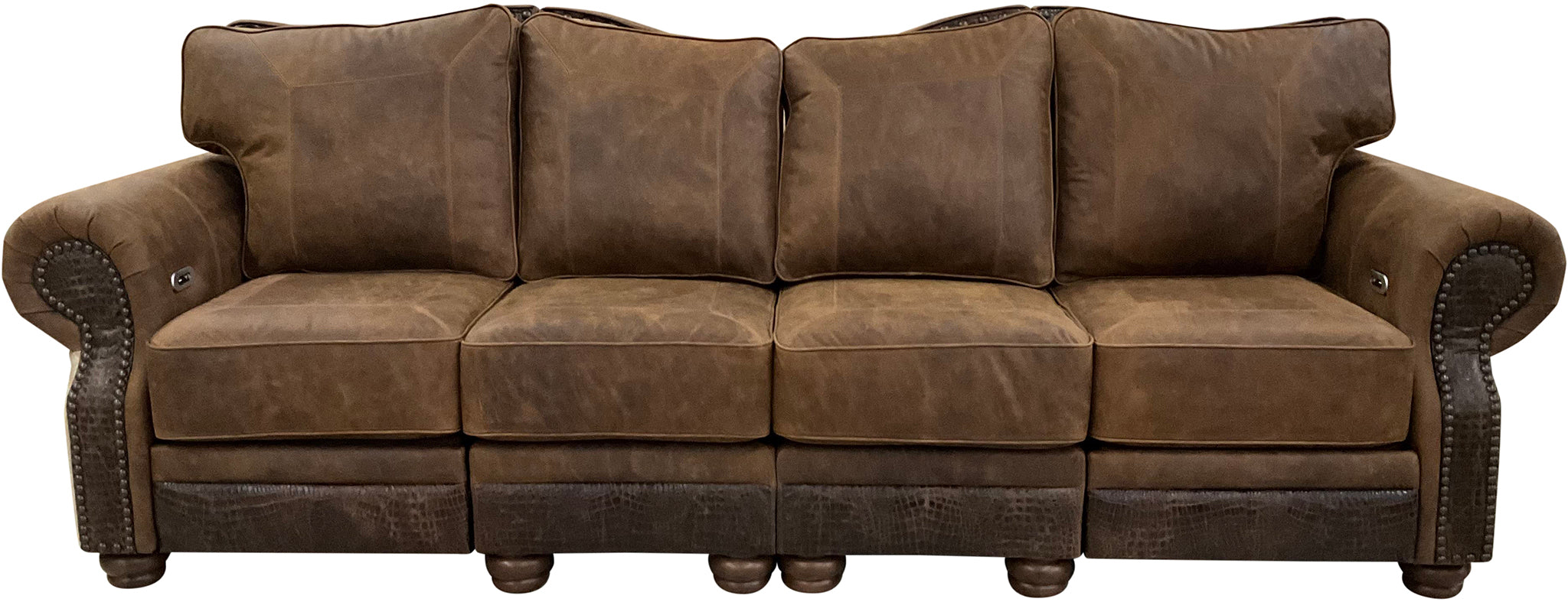Luxury Western reclining sectional sofa in Cora Pecan leather with Gator Rustic Walnut accents and light exotic cowhide. Handcrafted comfort with refined ranch style.