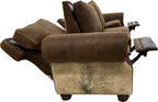Luxury Western reclining sectional sofa in Cora Pecan leather with Gator Rustic Walnut accents and light exotic cowhide. Handcrafted comfort with refined ranch style.