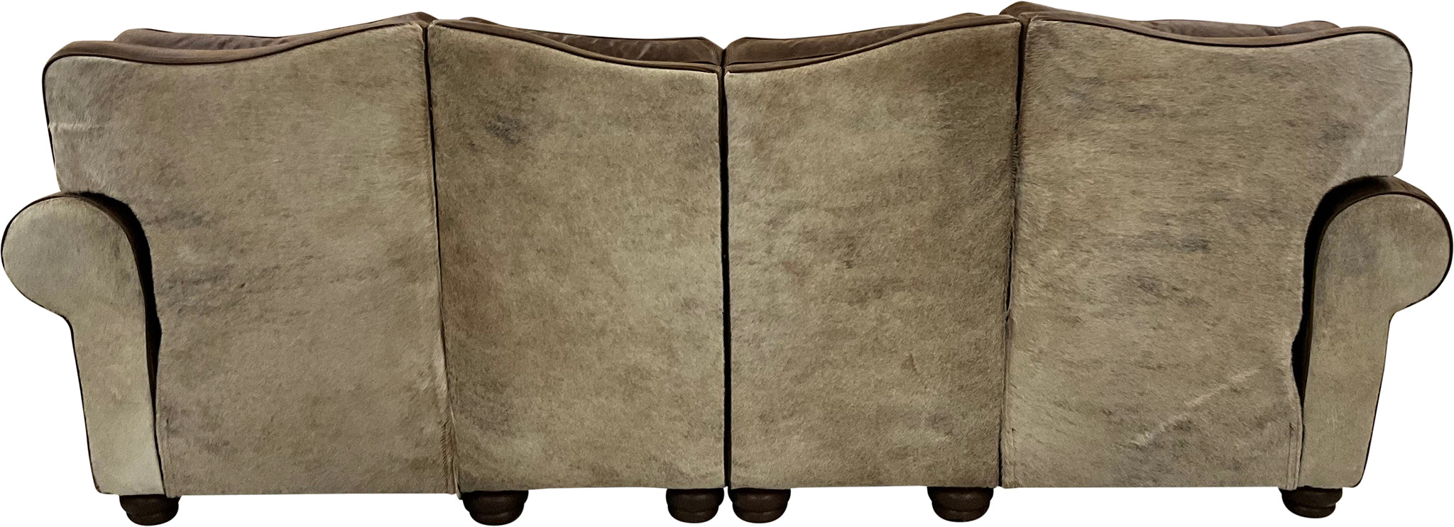 Luxury Western reclining sectional sofa in Cora Pecan leather with Gator Rustic Walnut accents and light exotic cowhide. Handcrafted comfort with refined ranch style.