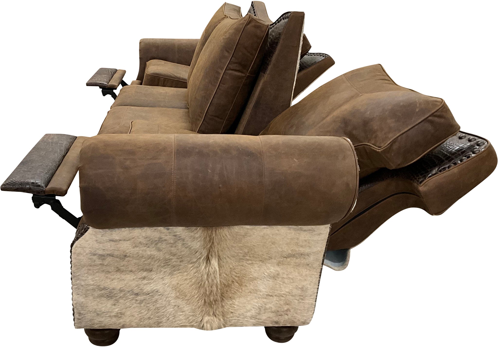 Luxury Western reclining sectional sofa in Cora Pecan leather with Gator Rustic Walnut accents and light exotic cowhide. Handcrafted comfort with refined ranch style.