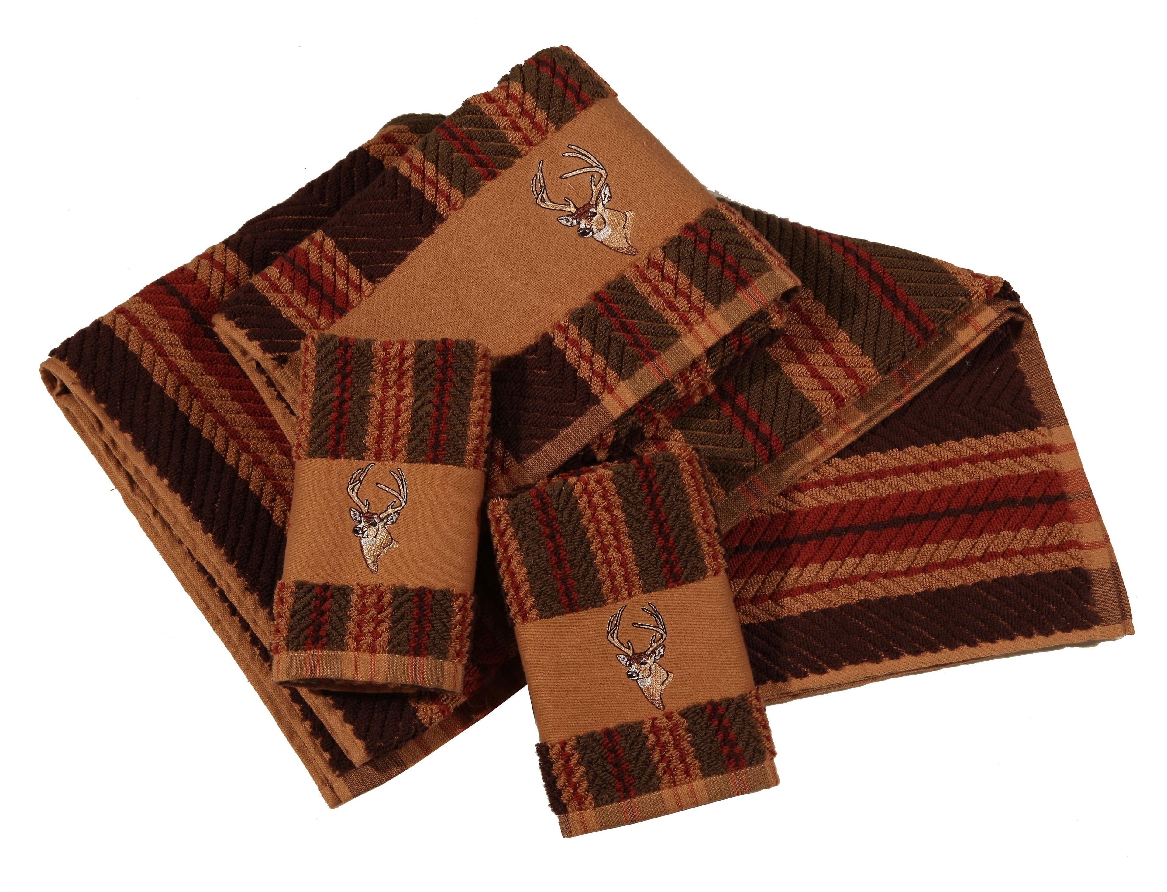 Deer Embroidered 3PC Bath Towel Set, Stripe Towel Set