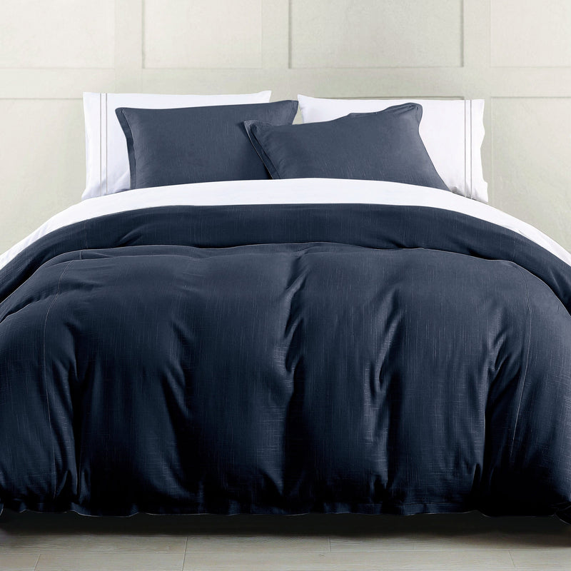 Hera Washed Linen Blend Flange Bedding Set - Navy