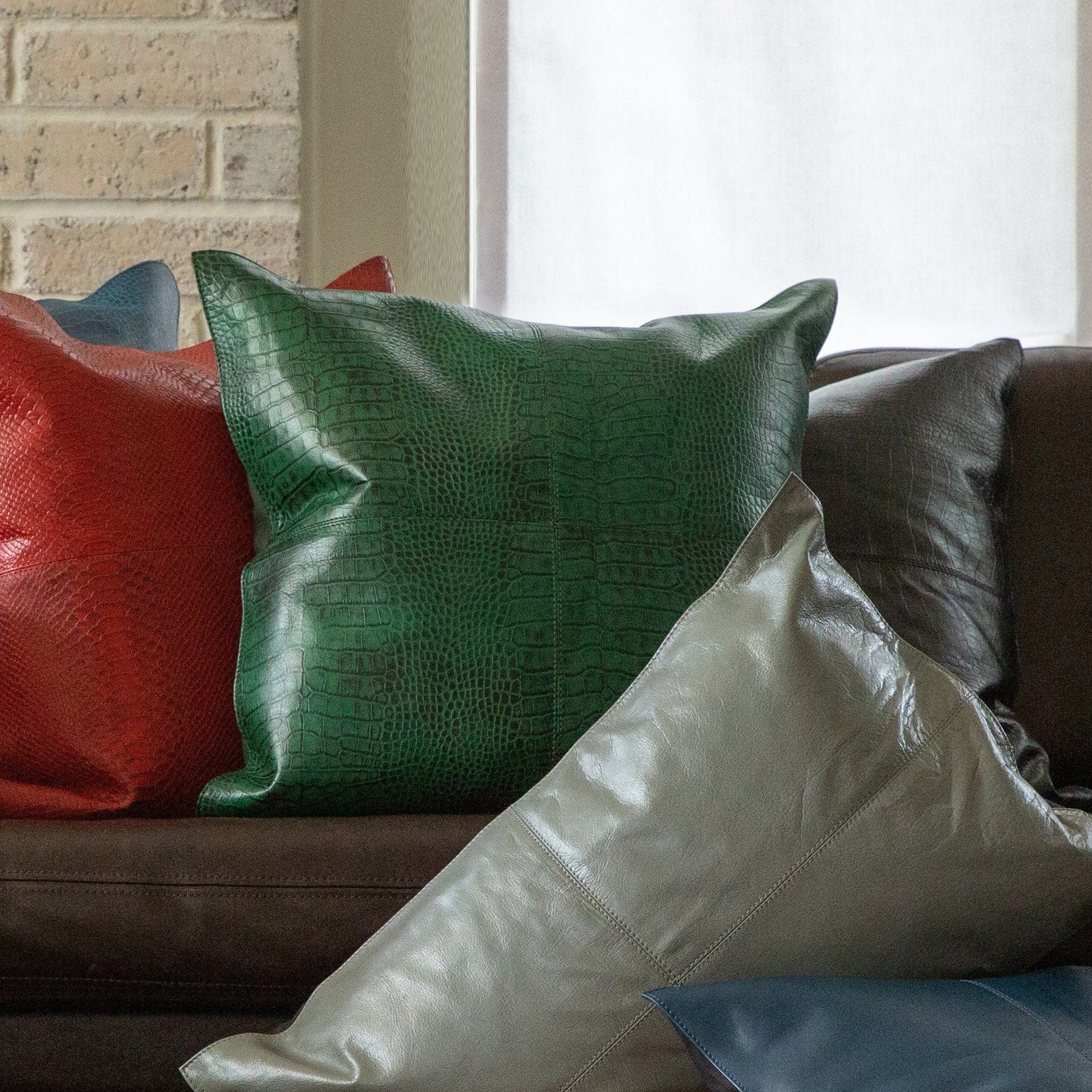 Genuine Leather Embossed Croc Pillow, Emerald Leather Pillow
