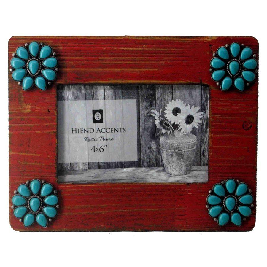 Red Picture Frame w/ Turquoise Squash Blossom Corners Picture Frame
