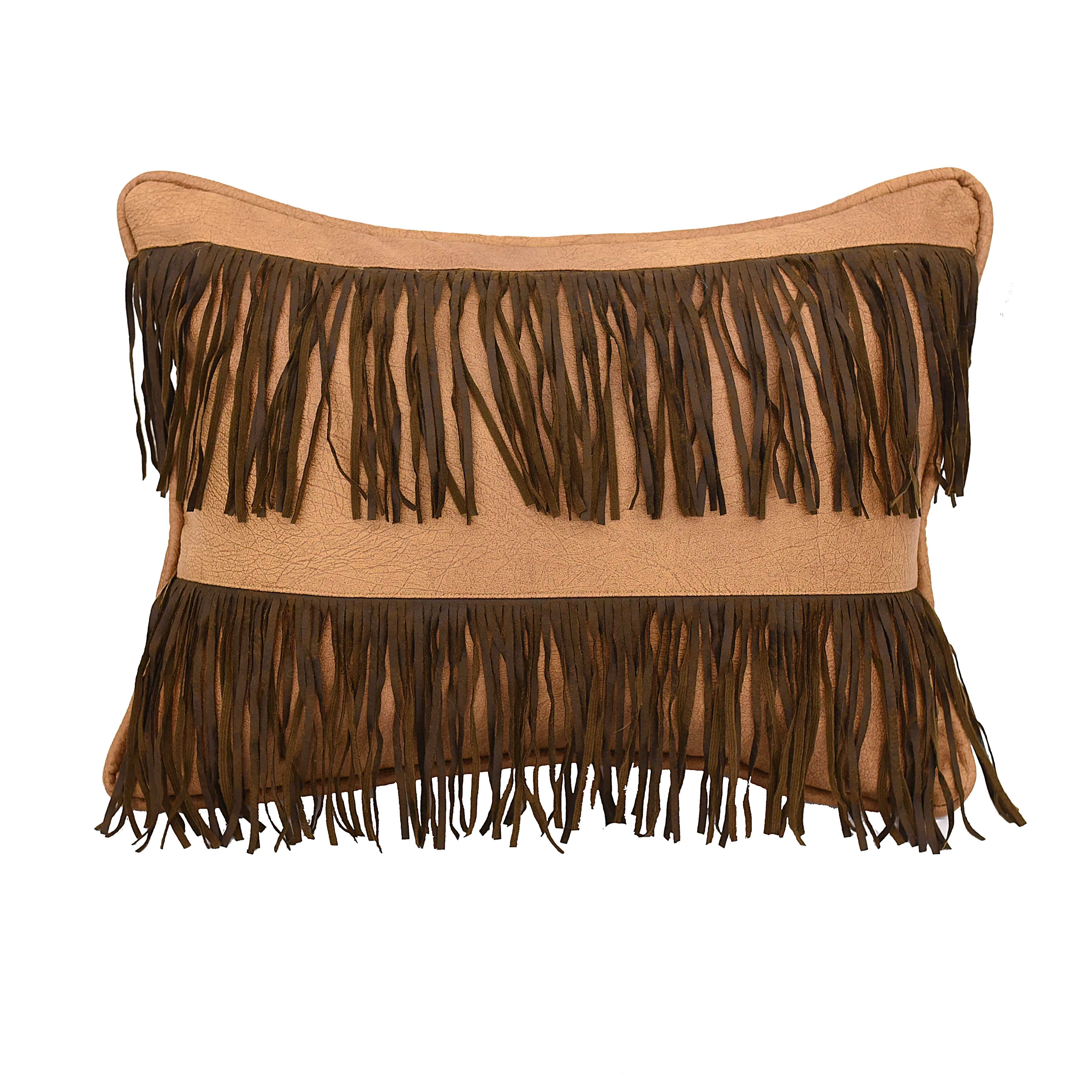 Double Row Fringe Throw Pillow, Tan Faux Leather Throw