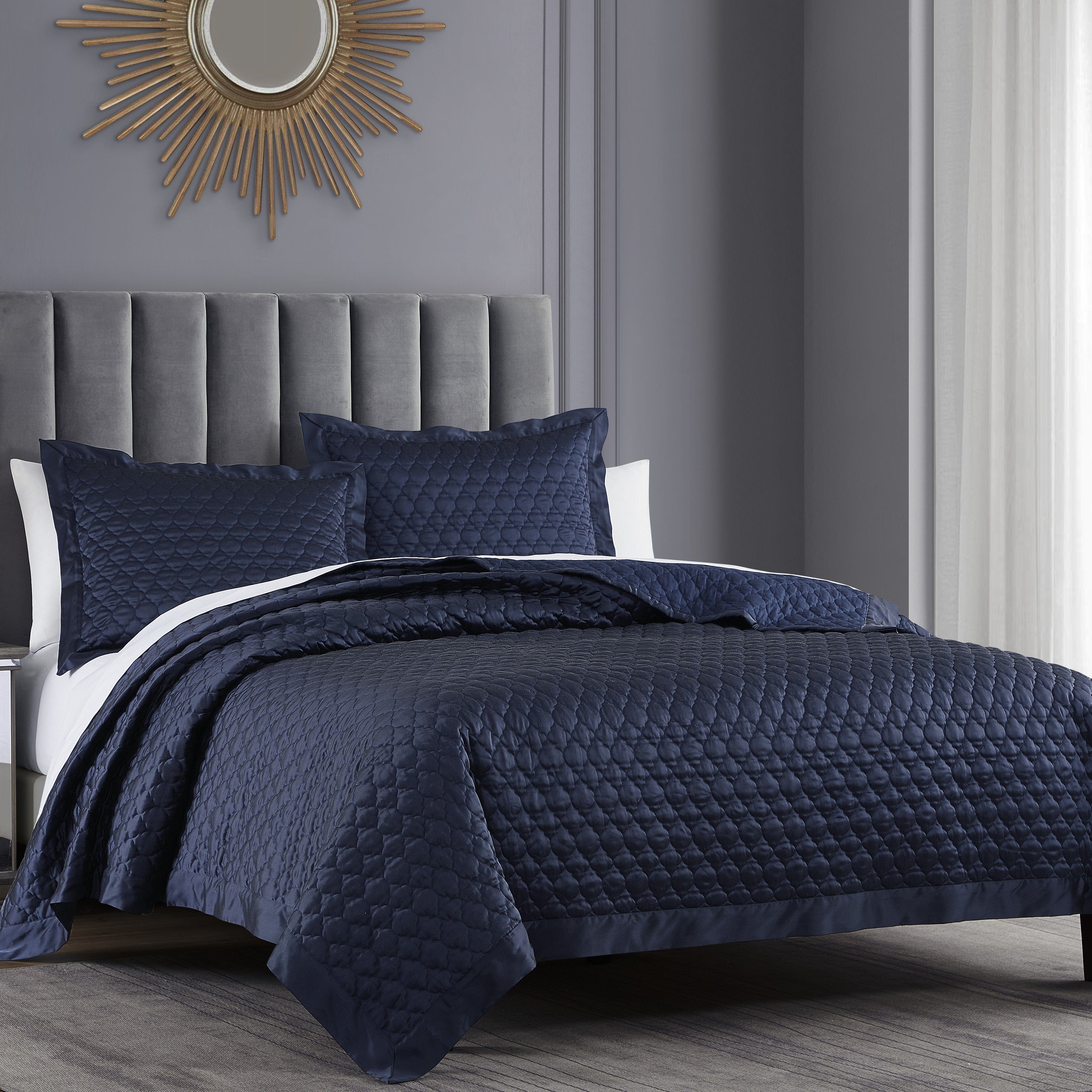 High Shine Satin Quatrefoil Quilt Set - Navy Quilt Set