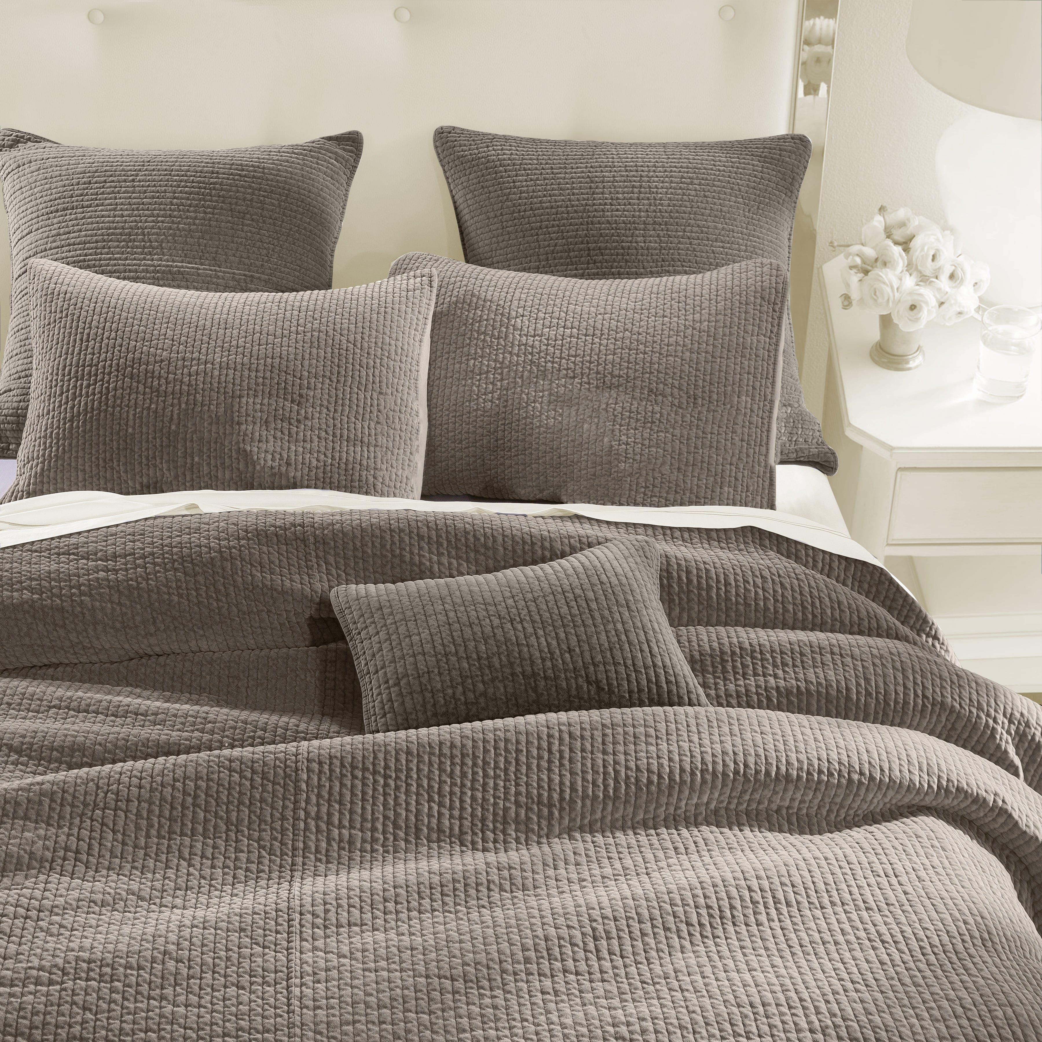 Stonewashed Cotton Velvet Quilt Set - Taupe Quilt Set