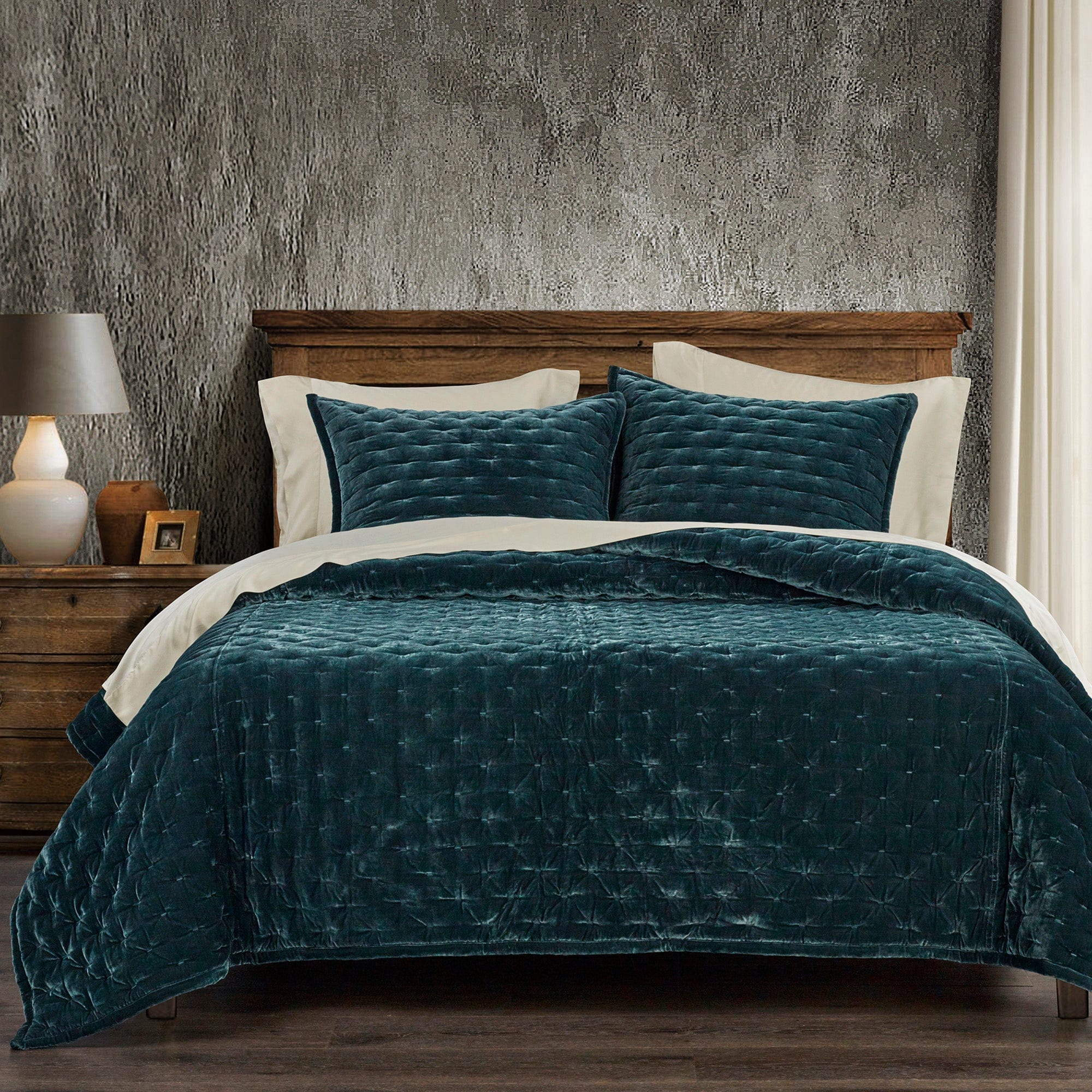Stella Faux Silk Velvet Pintuck Quilt - Storm Blue Quilt
