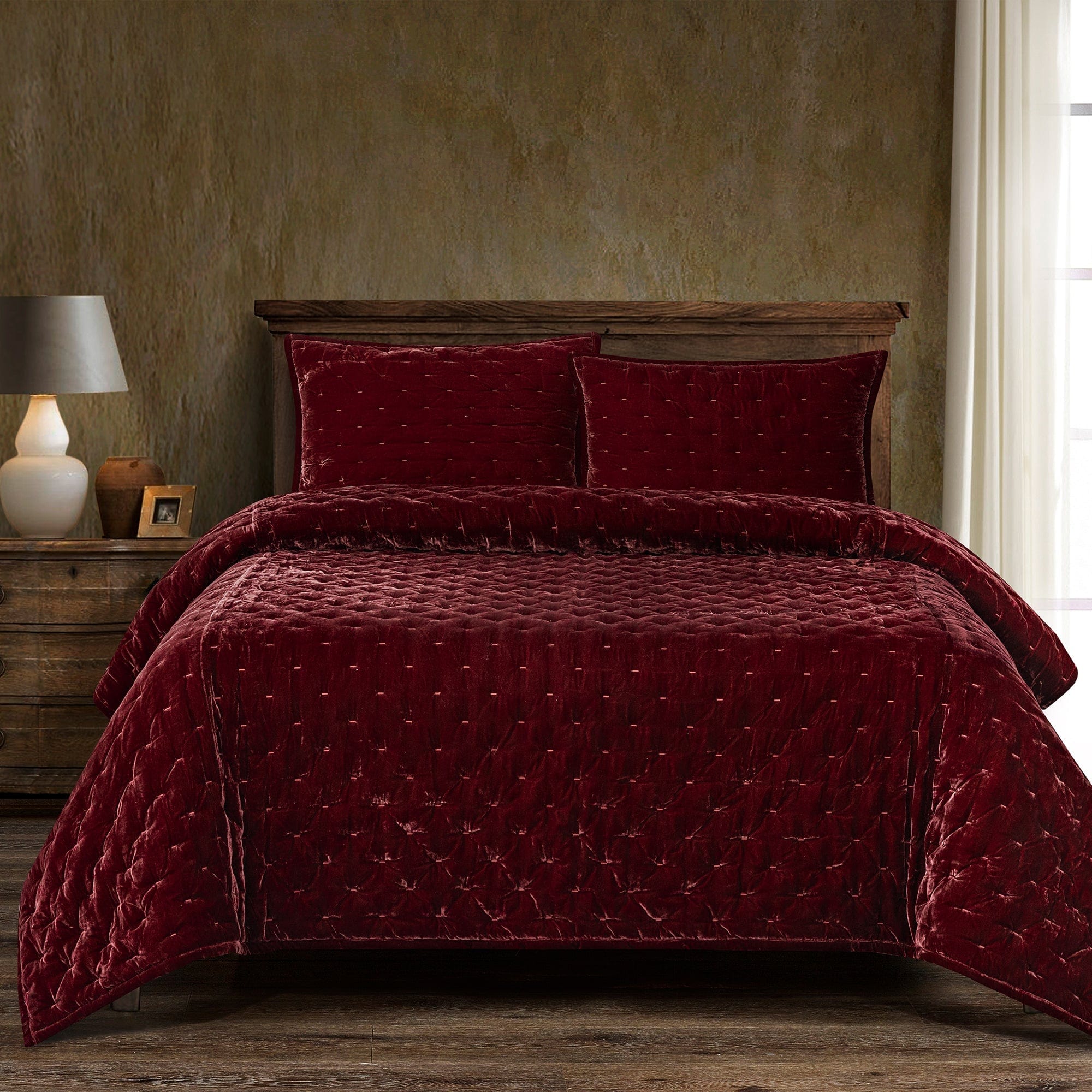 Stella Faux Silk Velvet Pintuck Quilt - Garnet Red Quilt