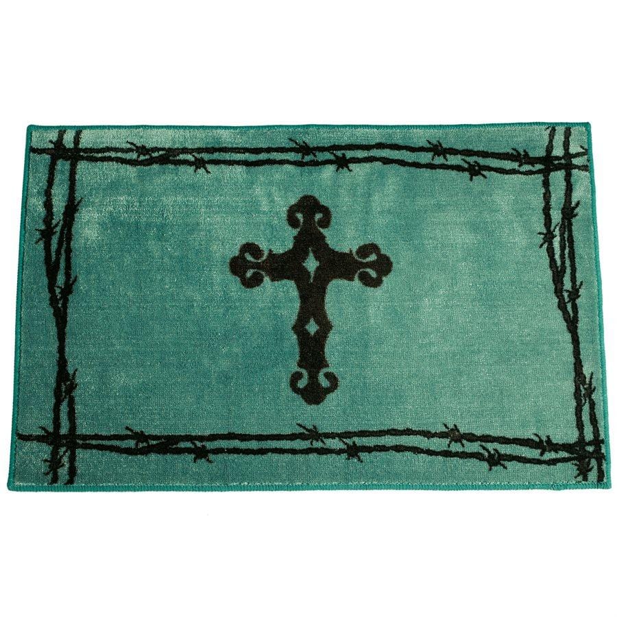 Cross w/ Barbwire Motif Kitchen/Bath Rug - Turquoise Bath or Kitchen Rug