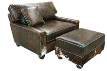 Load image into Gallery viewer, Great Blue Heron&#39;s Salado Medium Ottoman 34&quot; x 24&quot; is upholstered using our distressed Buffalo leather and accented with tri color cowhide and turquoise welt. Shown With matching chair and a half
