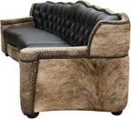 Corner sofa with black leather cushions and brown leather texture on a white background