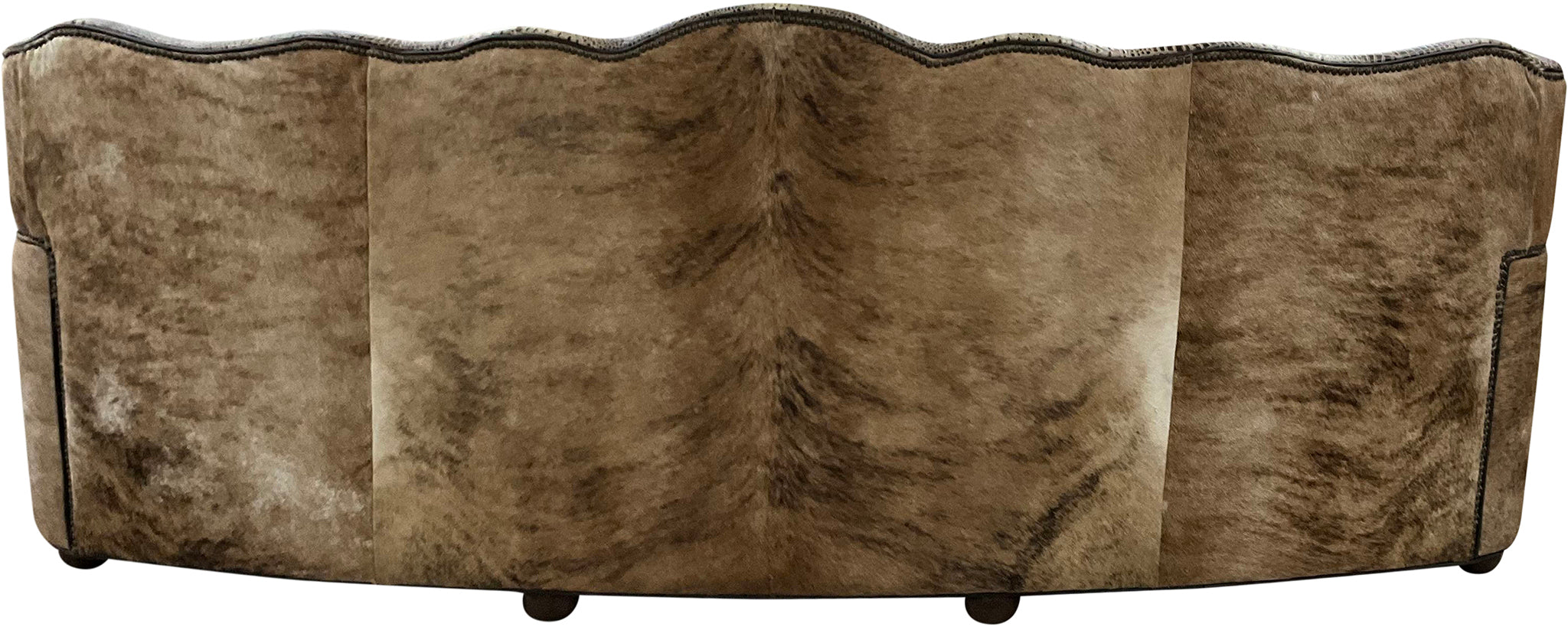 Brown leather sofa with scalloped edge design