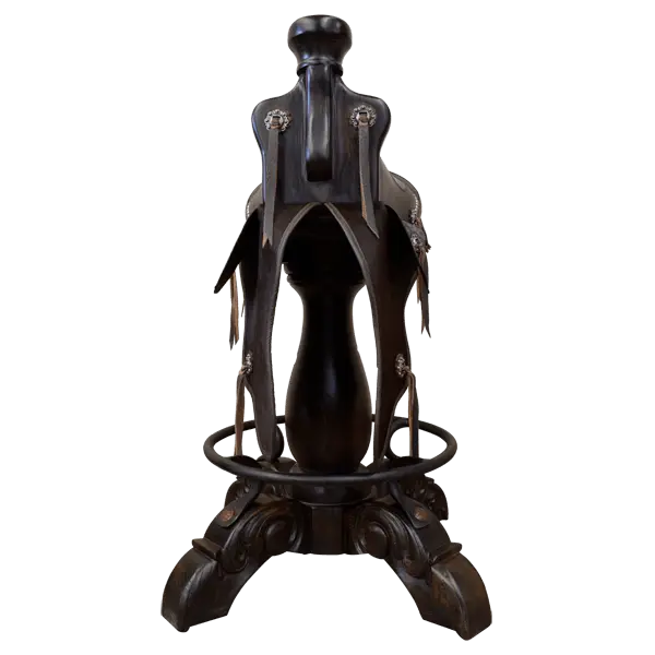 The Mustang Saddle Barstool features embossed turquoise leather, full-grain leather panels, and a hand-forged medallion on a 180° swivel wood base. A handcrafted Western saddle barstool celebrating the artistry and heritage of the American West.