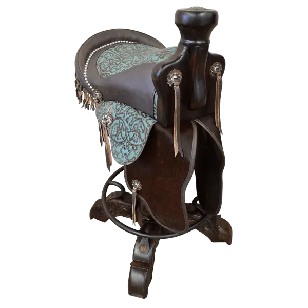 The Mustang Saddle Barstool features embossed turquoise leather, full-grain leather panels, and a hand-forged medallion on a 180° swivel wood base. A handcrafted Western saddle barstool celebrating the artistry and heritage of the American West.