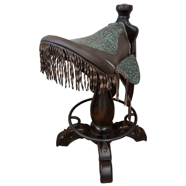 The Mustang Saddle Barstool features embossed turquoise leather, full-grain leather panels, and a hand-forged medallion on a 180° swivel wood base. A handcrafted Western saddle barstool celebrating the artistry and heritage of the American West.
