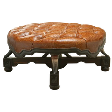 Load image into Gallery viewer, Handcrafted Western ottoman with hand-tooled leather, deep tufting, and carved wood base. The Dominante Ottoman blends rustic elegance with timeless craftsmanship. Customizable.