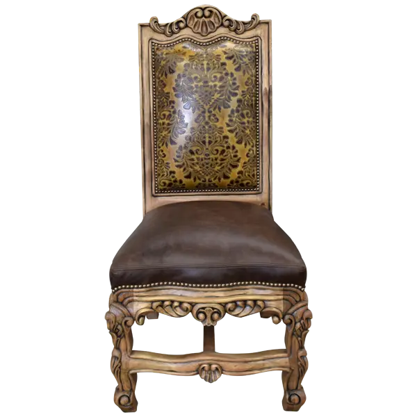 The Picador Dining Chair features full-grain leather upholstery, embossed floral detailing, and hand-carved hardwood. A Spanish Colonial-inspired dining chair blending Western luxury with artisanal craftsmanship. 100% customizable and guaranteed for life.