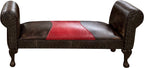 Brown leather 60 inch roll arm bench with an authentic red ostrich hide saddle style insert on the seat cushion